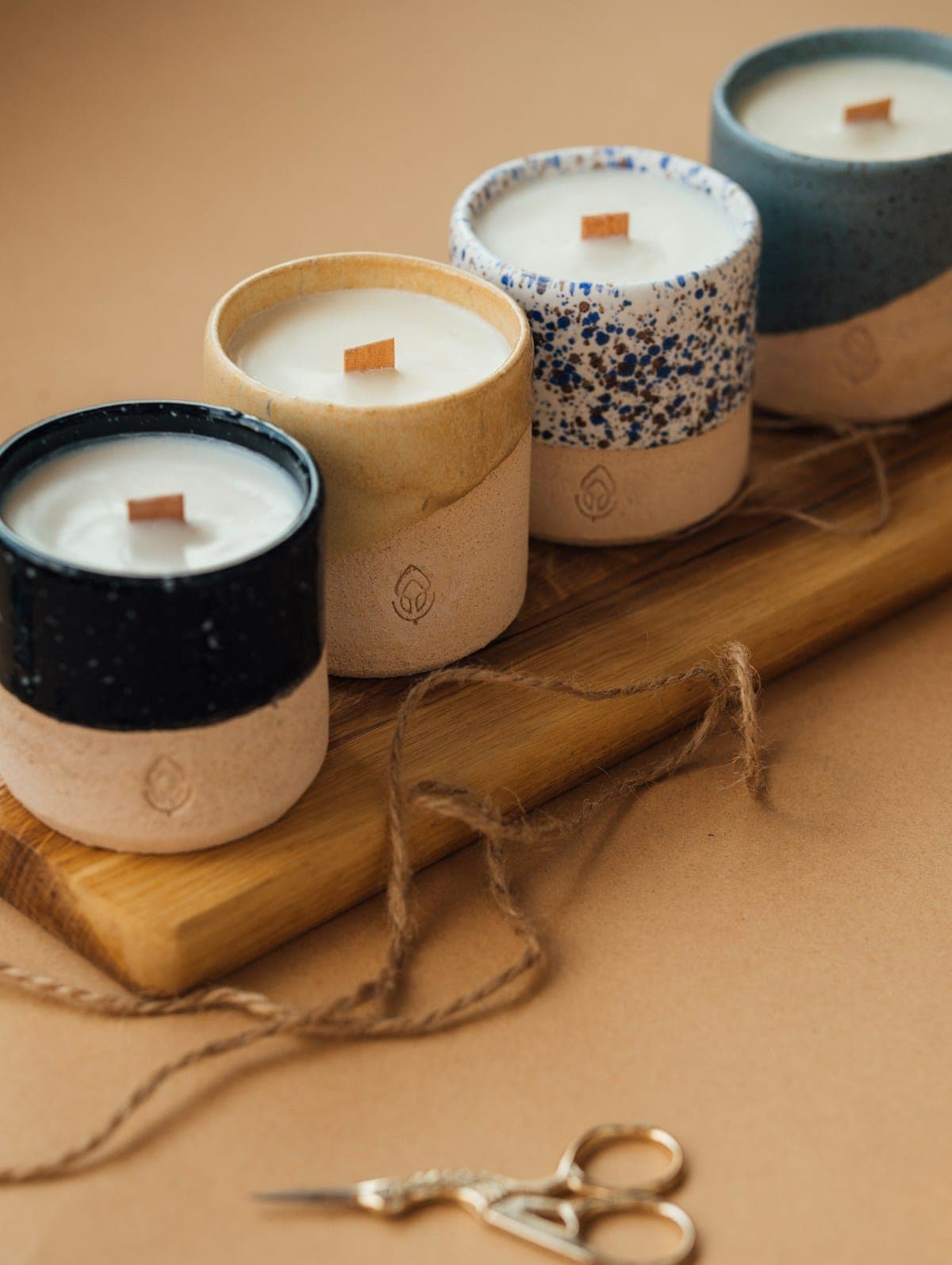 Votive candles on a wooden board