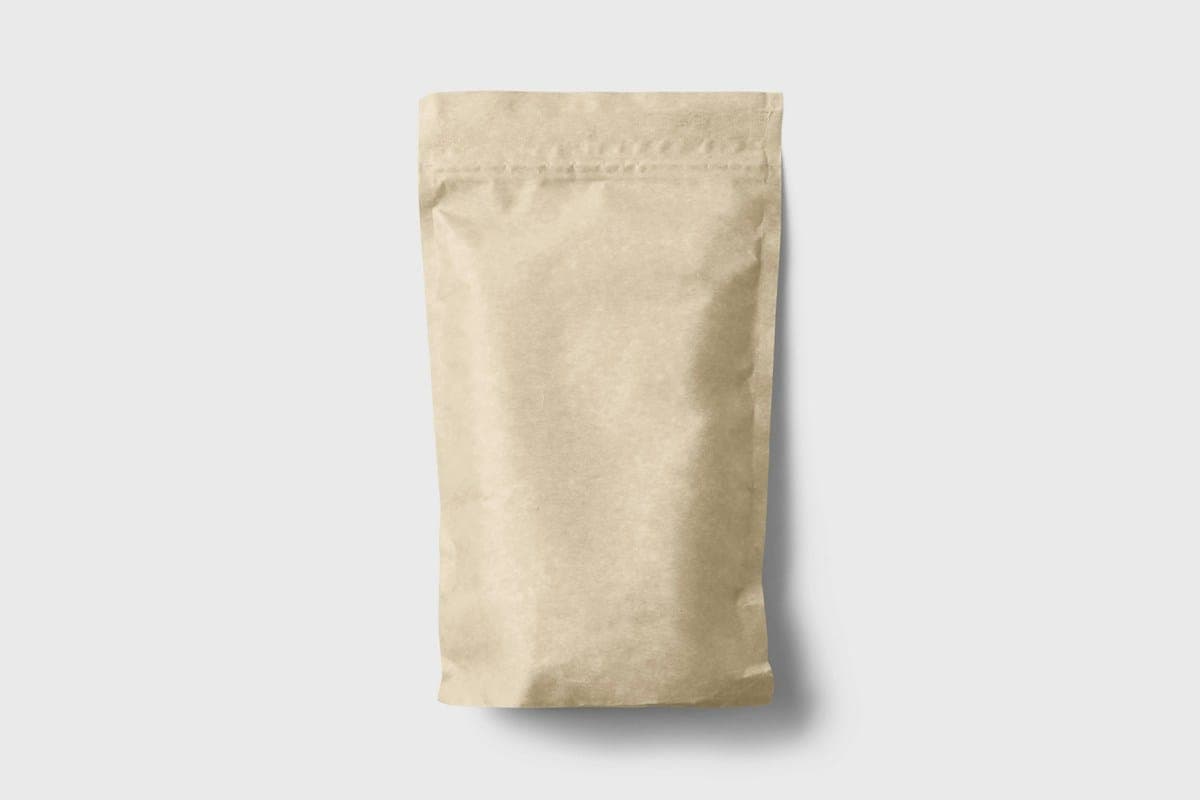A plain kraft coffee bag